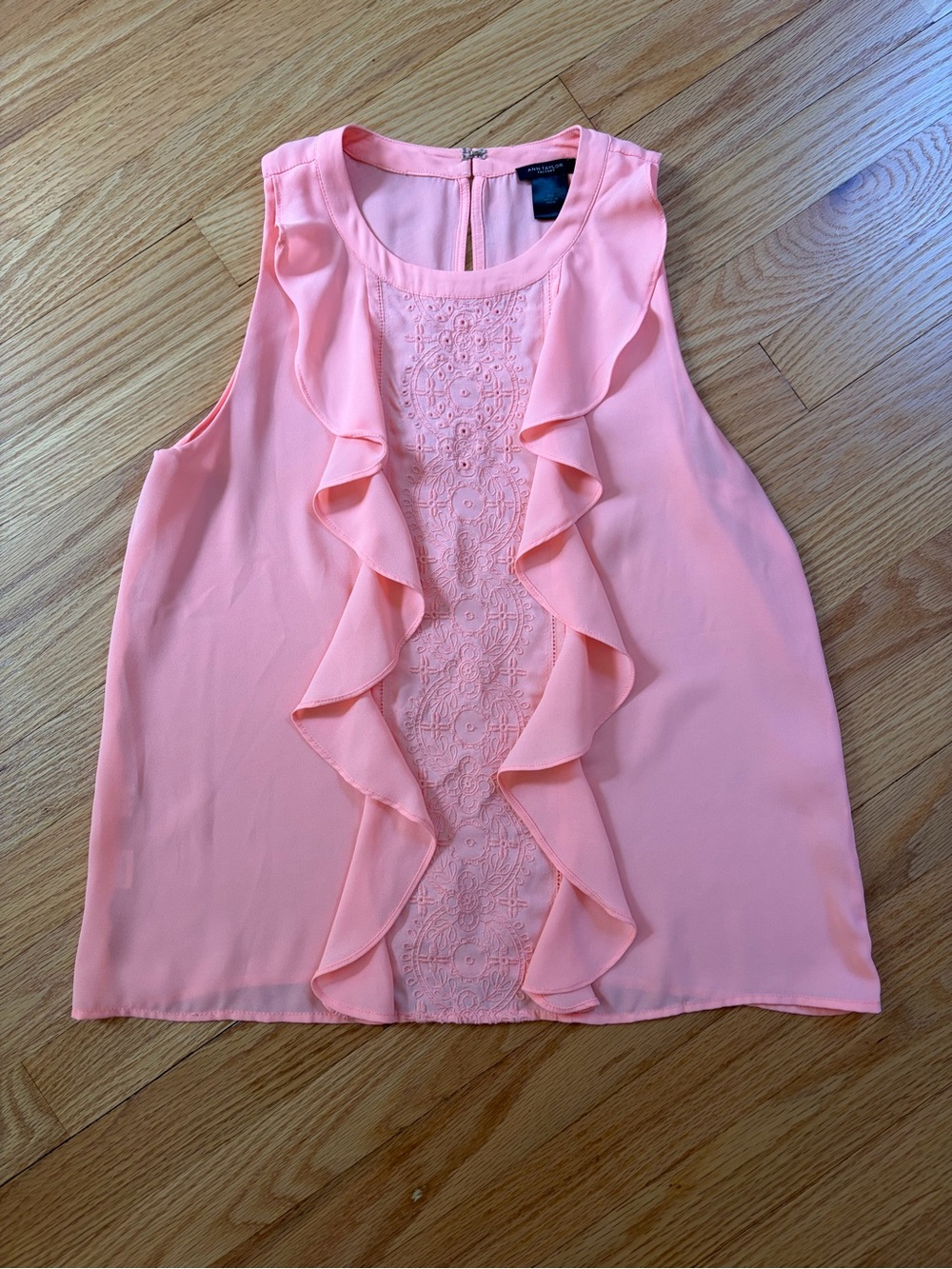 Ann Taylor Peach Ruffle Front Lace Sleeveless Blouse